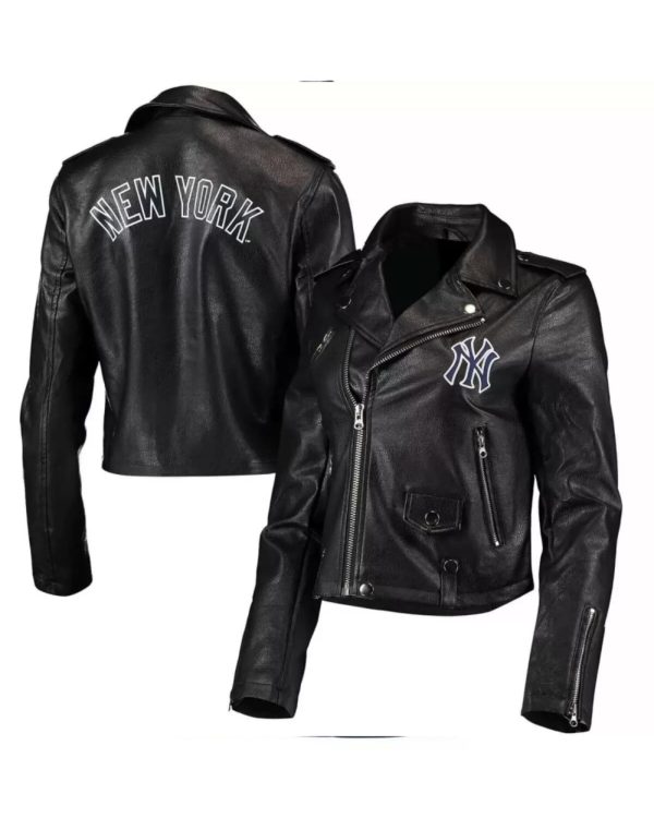 Black New York Yankees Moto Full Zip Leather Jacket