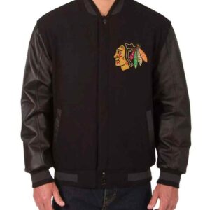 Black NHL Chicago Blackhawks Wool Leather Jacket