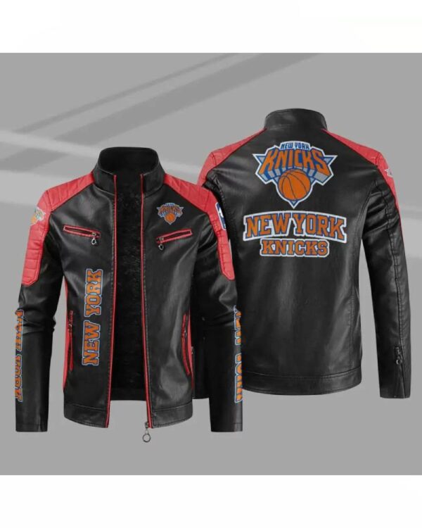 Black Red New York Knicks NBA Block Leather Jacket
