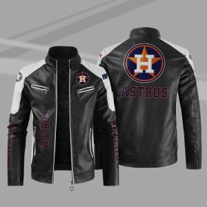 Black White MLB Houston Astros Block Leather Jacket