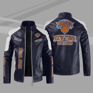 Blue White New York Knicks NBA Block Leather Jacket