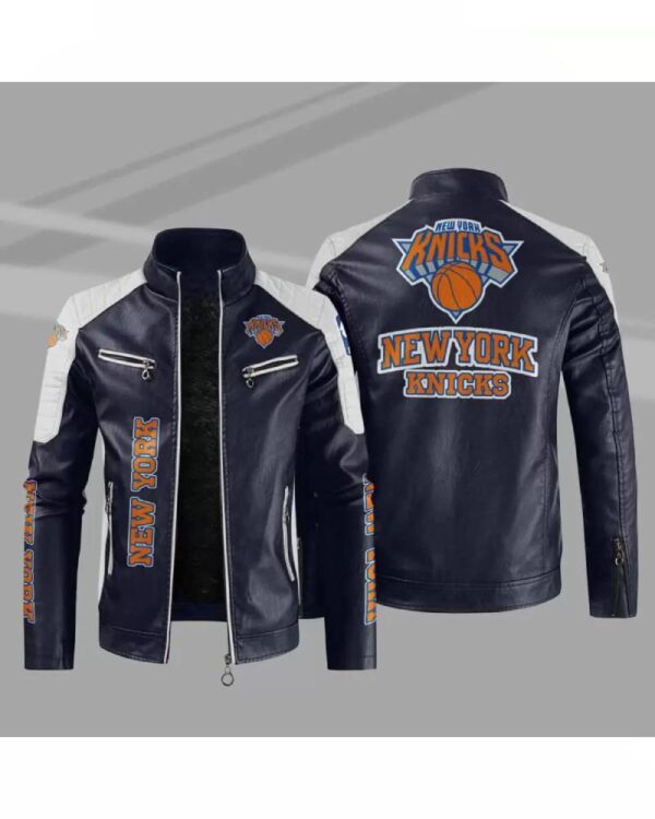 Blue White New York Knicks NBA Block Leather Jacket