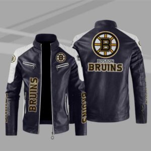 Boston Bruins Block Blue White NHL Leather Jacket