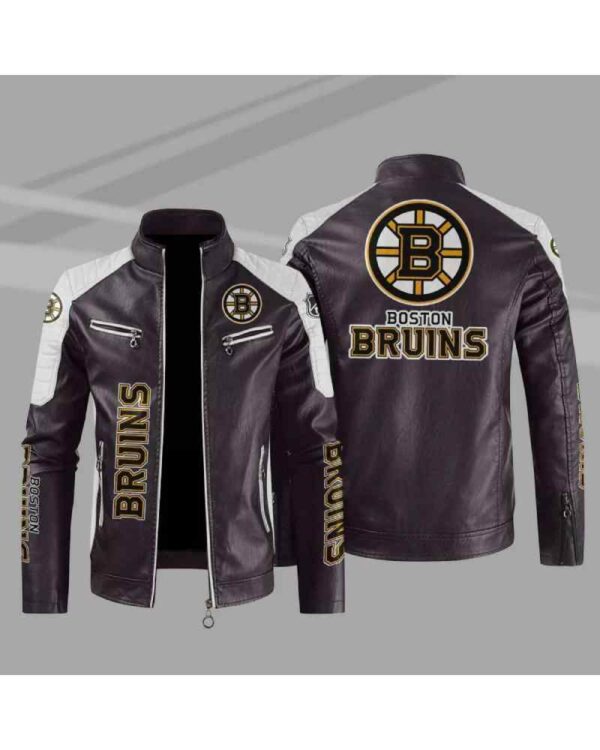 Boston Bruins Block Brown White Leather Jacket