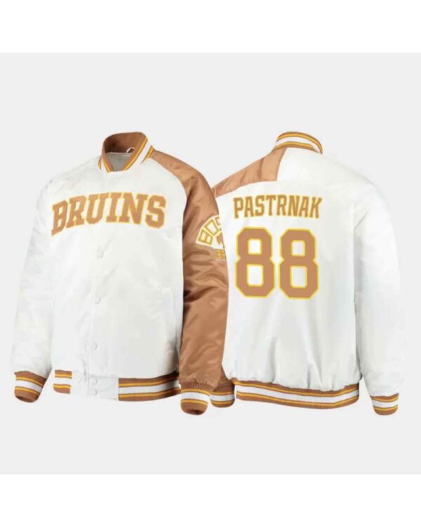 Boston Bruins David Pastrnak 88 White Satin Jacket