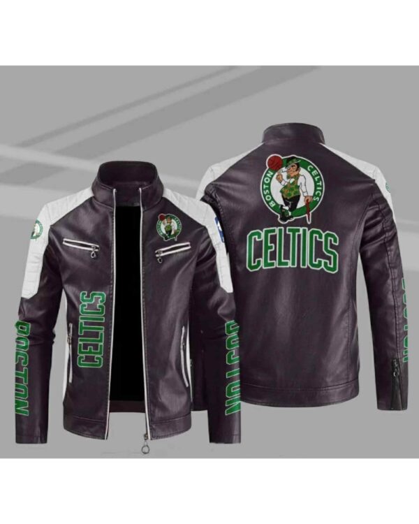 Boston Celtics Block Brown White NBA Leather Jacket