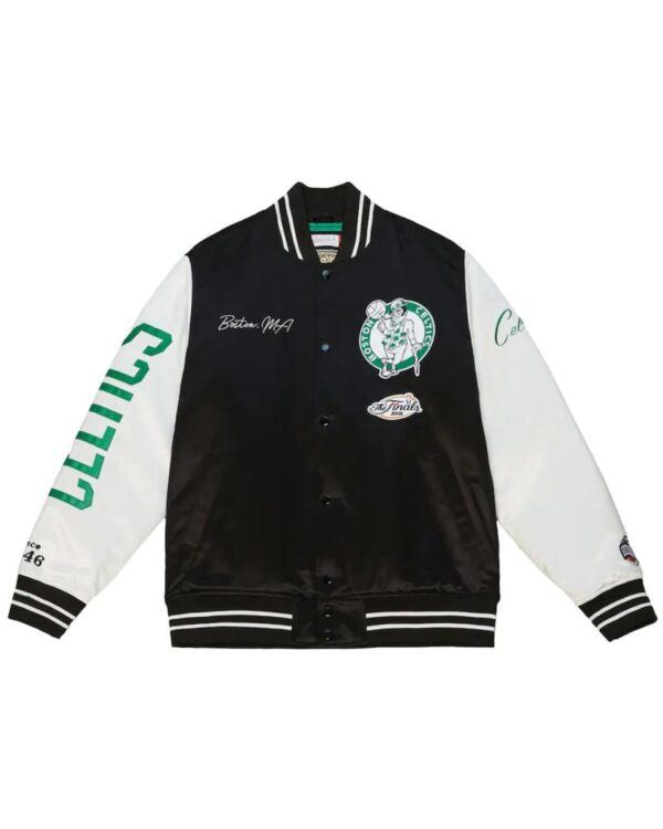 Boston Celtics Team Origins Varsity Black and White Satin Jacket