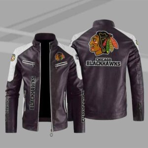 Chicago Blackhawks Block Brown White Leather Jacket