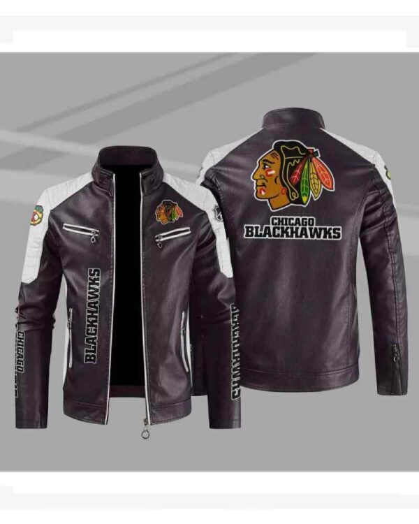 Chicago Blackhawks Block Brown White Leather Jacket