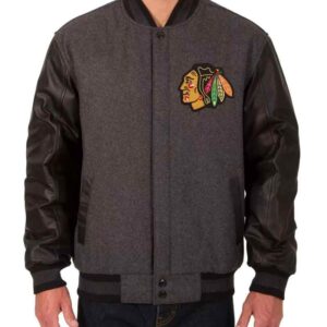 Chicago Blackhawks Charcoal Wool and Leather Jacket
