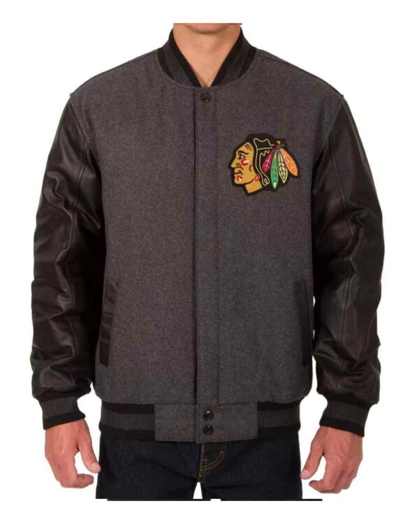 Chicago Blackhawks Charcoal Wool and Leather Jacket