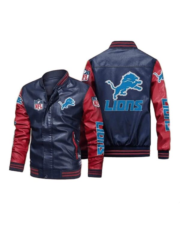 Detroit Lions Navy Red Bomber Leather Jacket