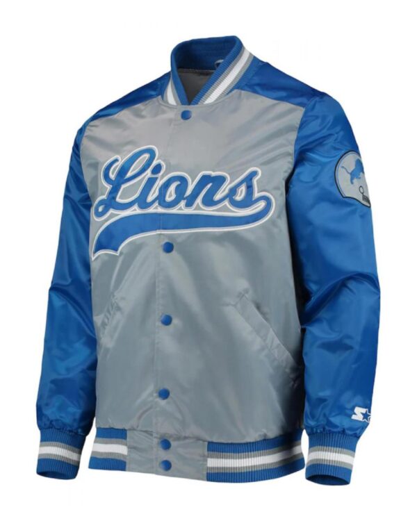 Detroit Lions The Tradition II Grey and Blue Varsity Satin Jacket