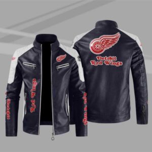 Detroit Red Wings Block Blue White Leather Jacket