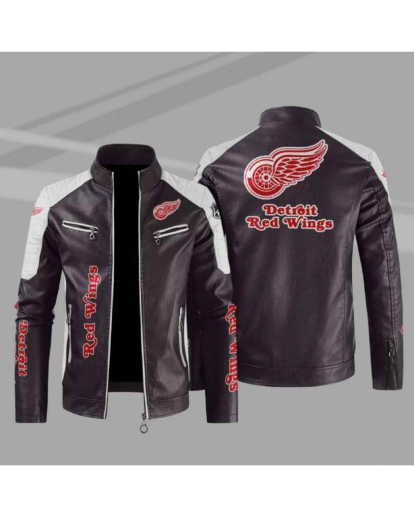 Detroit Red Wings Block Brown White Leather Jacket