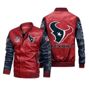 Houston Texans Red Navy Bomber Leather Jacket
