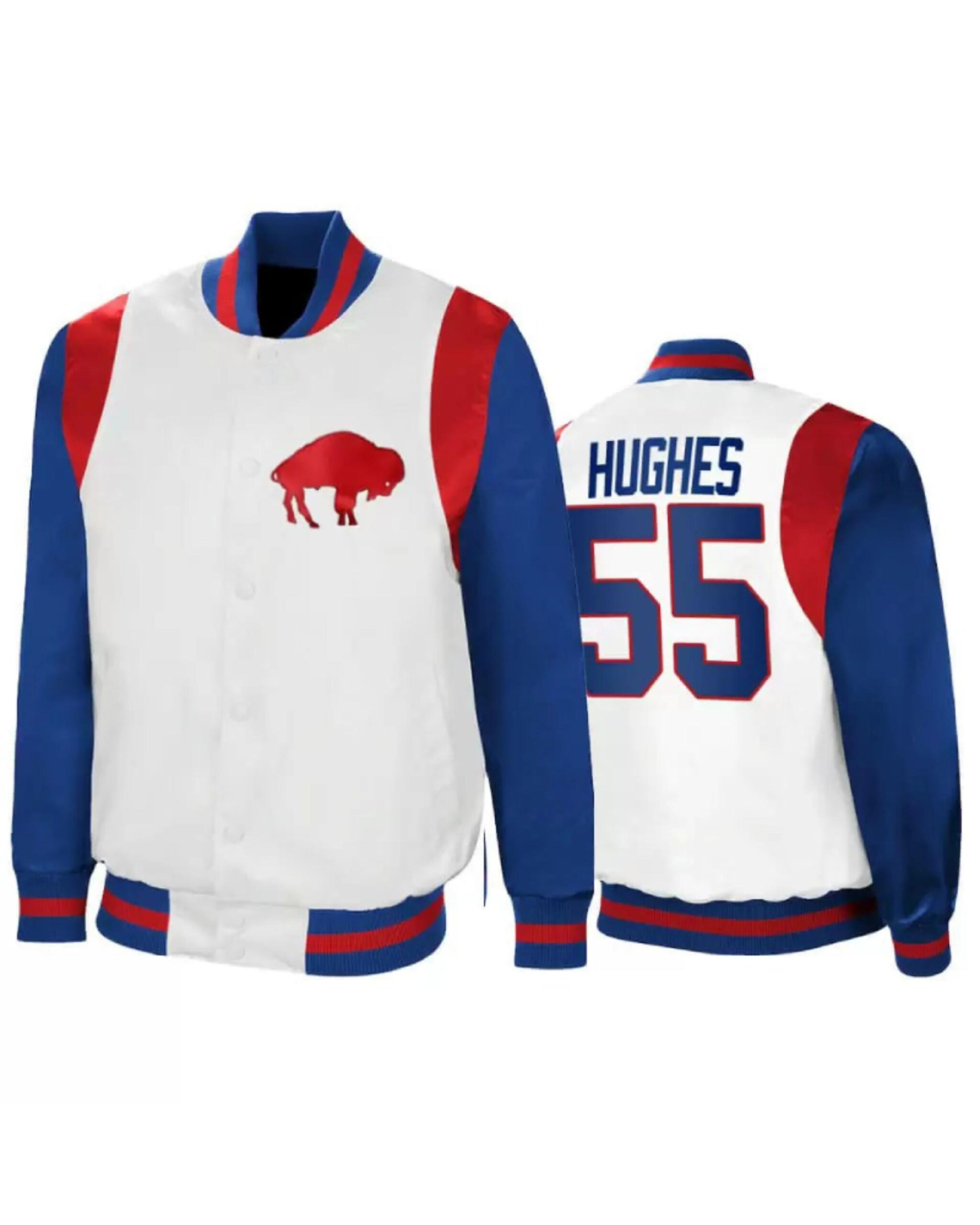 Jerry Hughes Buffalo Bills NFL White Satin Jacket | LA Jacket