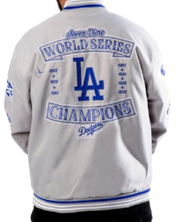 Dodgers 7x Champions Gray Satin Bomber Jacket