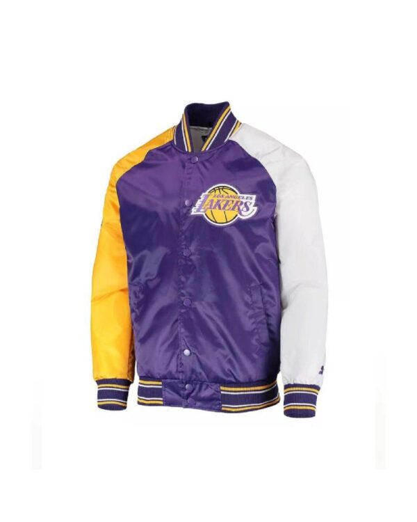 Los Angeles Lakers Reliever Varsity Satin Raglan Full-Snap Jacket