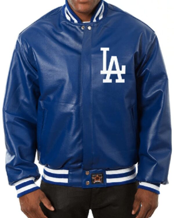 Los Angeles Dodgers Leather Bomber Jacket in Royal Blue Color