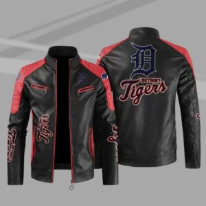 MLB Black Red Detroit Tigers Block Leather Jacket