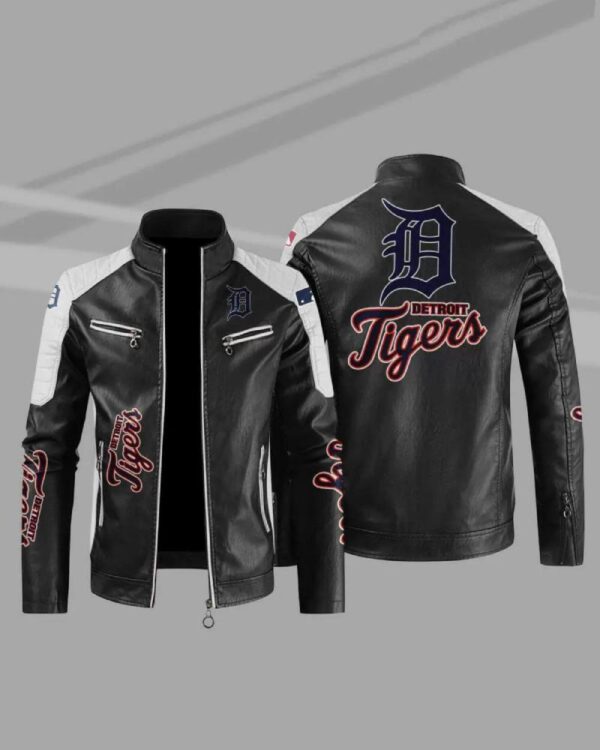 MLB Black White Detroit Tigers Block Leather Jacket