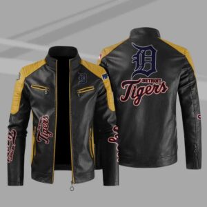 MLB Black Yellow Detroit Tigers Block Leather Jacket