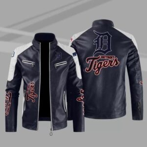 MLB Blue White Detroit Tigers Block Leather Jacket