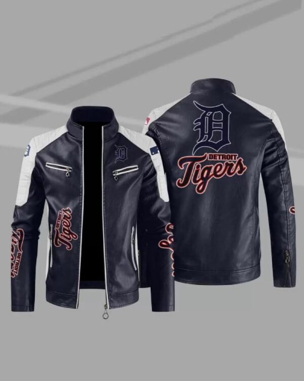 MLB Blue White Detroit Tigers Block Leather Jacket