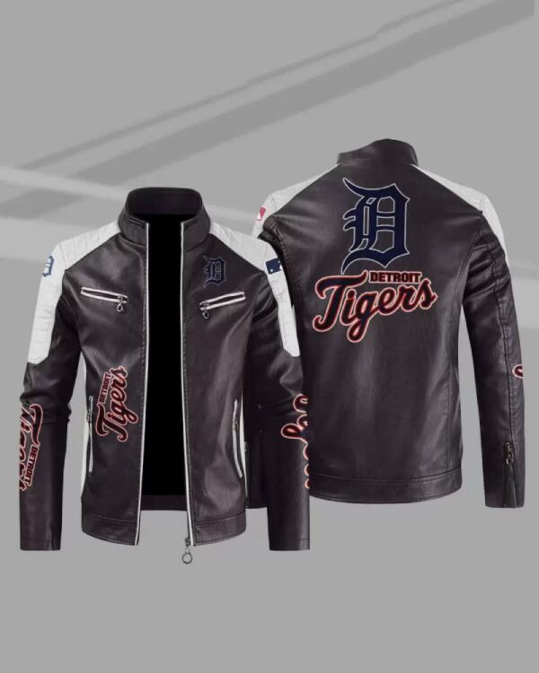 MLB Brown White Detroit Tigers Block Leather Jacket