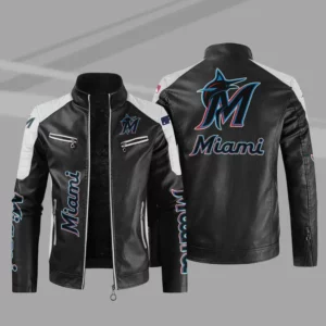 Black White Miami Marlins Block Leather Jacket
