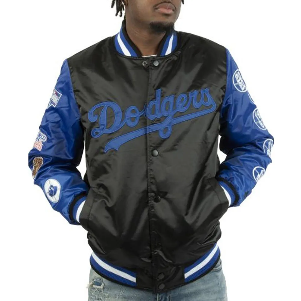 LA Dodgers Black Blue Patches Satin Jacket