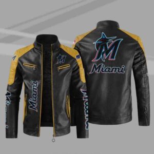 Black Yellow Miami Marlins Block Leather Jacket