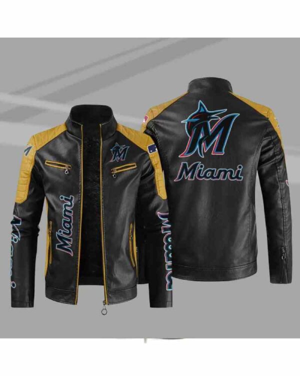 Black Yellow Miami Marlins Block Leather Jacket