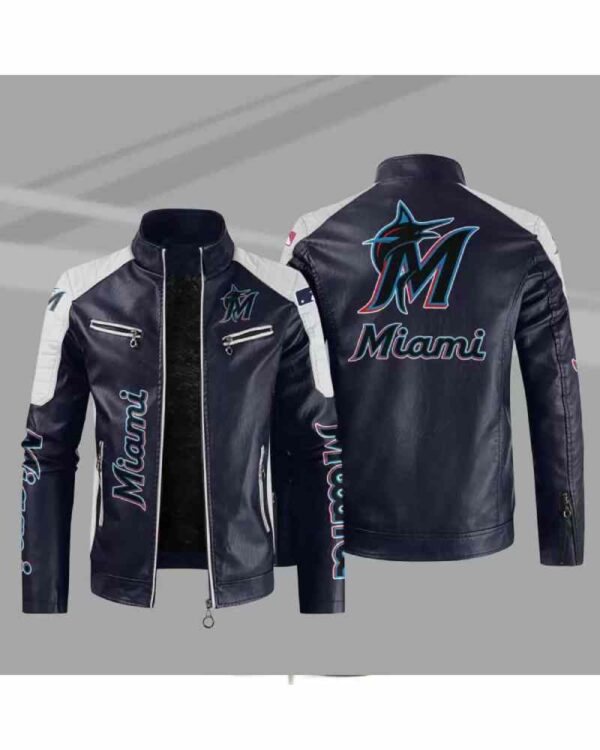 Blue White Miami Marlins Block Leather Jacket