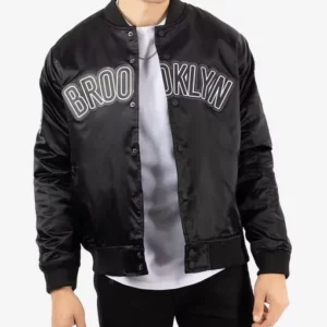 Pro Brooklyn Nets Black Bomber Full-Snap Satin Jacket