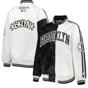Brooklyn Nets Split Colorblock Black and White Satin Jacket