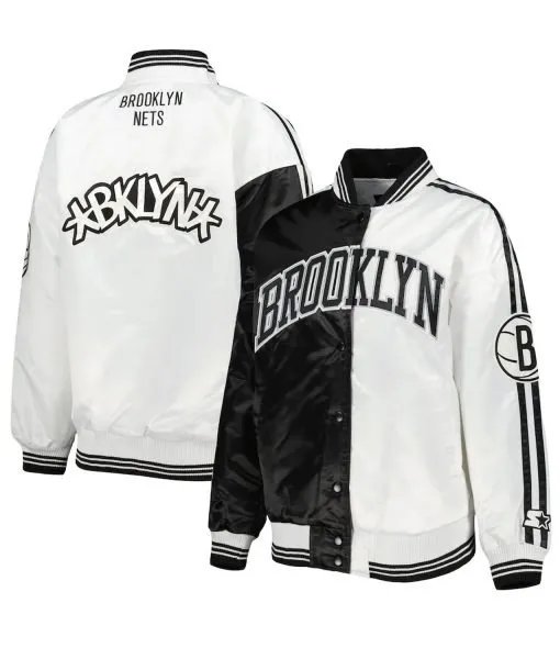 Brooklyn Nets Split Colorblock Black and White Satin Jacket