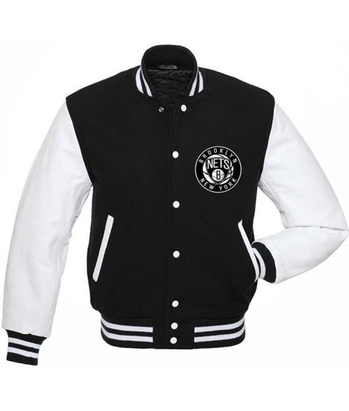 Brooklyn Nets NBA Black and White Varsity Jacket