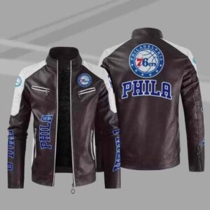 Brown White Philadelphia 76ers Block Leather Jacket