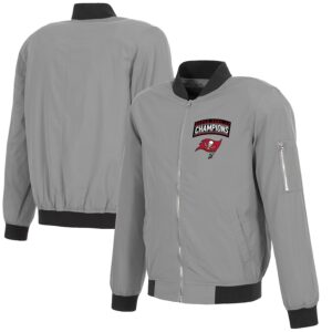 Men's Tampa Bay Buccaneers Fanatics Branded Gray Super Bowl LV Champions Nylon Full-Zip Bomber Jacket
