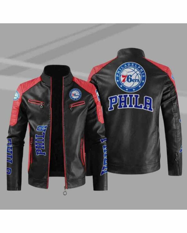 NBA Black Red Philadelphia 76ers Block Leather Jacket