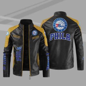 NBA Black Yellow Philadelphia 76ers Block Leather Jacket