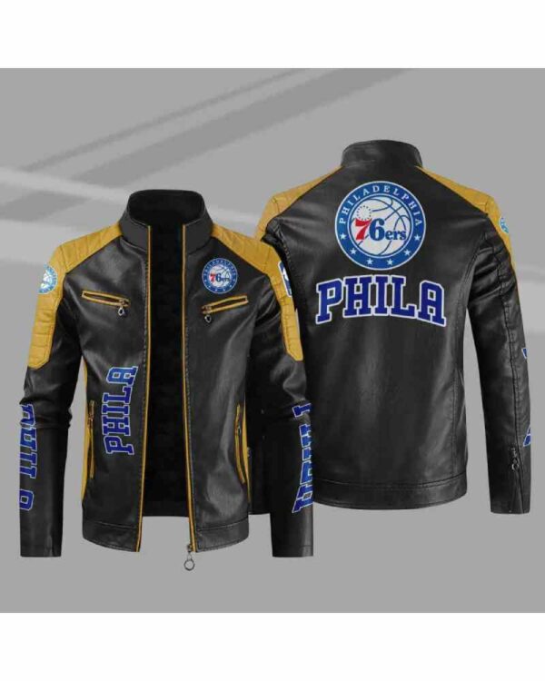 NBA Black Yellow Philadelphia 76ers Block Leather Jacket