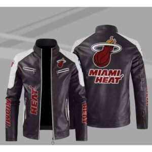 NBA Brown White Miami Heat Block Leather Jacket