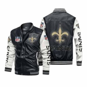 New Orleans Saints Black White Bomber Leather Jacket