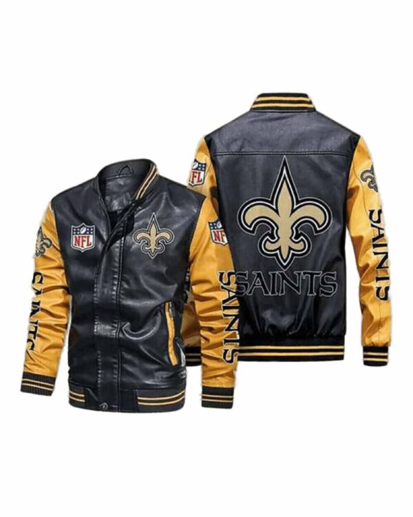New Orleans Saints Black Yellow Bomber Leather Jacket