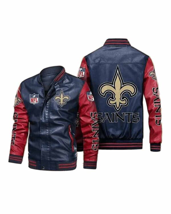 New Orleans Saints Navy Red Bomber Leather Jacket