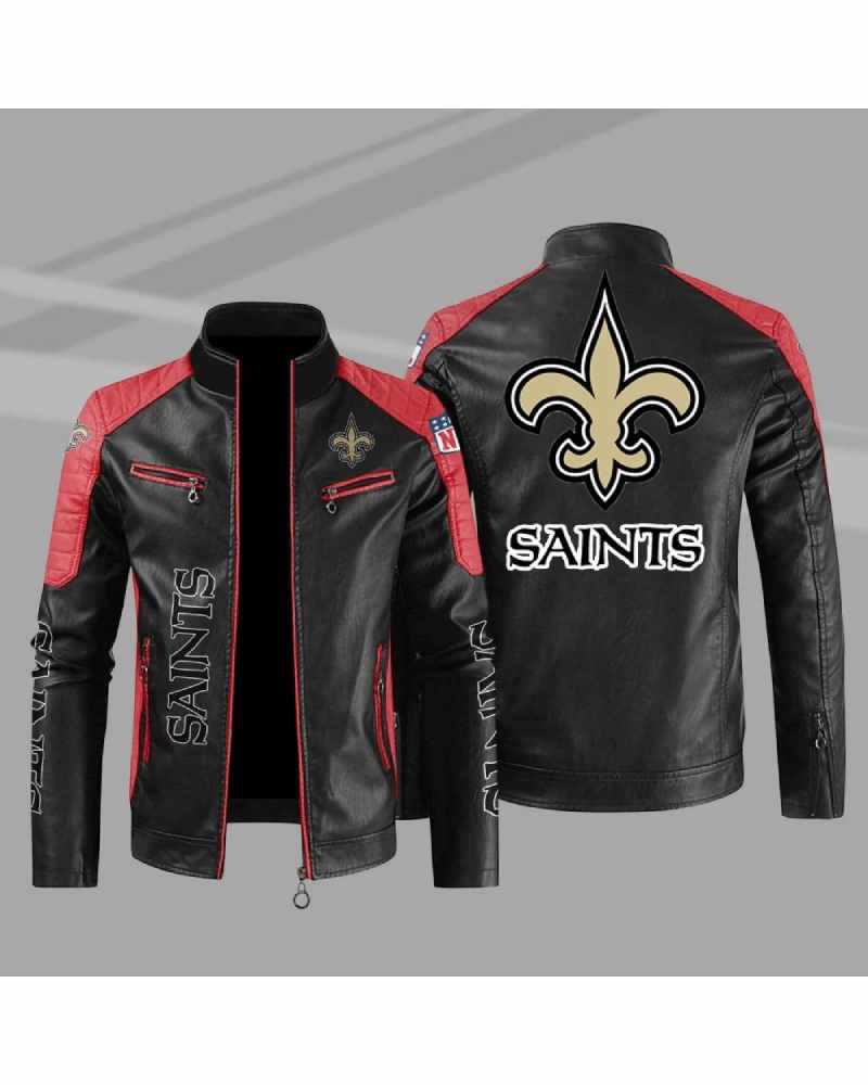 New Orleans Saints Red Color Block Leather Jacket | la jacket