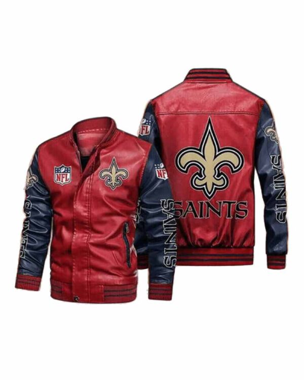 New Orleans Saints Red Navy Bomber Leather Jacket
